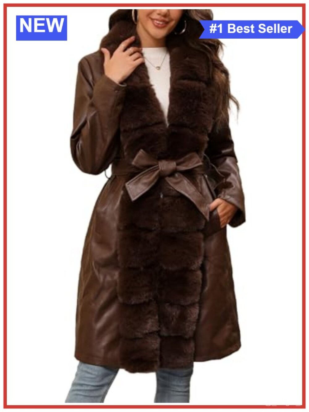 Faux Leather Quilted Furry Trim Parka Coat Faux Fur Lined Hood Removable Belt